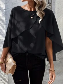 SHEIN Clasi 女士圓領純色荷葉邊時尚春夏襯衫 - 黑色 - 查看 1