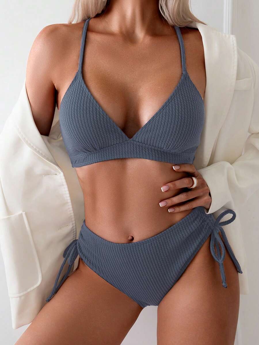 SHEIN Swim 女士純色簡約胸衣上衣和束繩泳裝下著分體比基尼套裝 - 淺灰色 - 查看 1