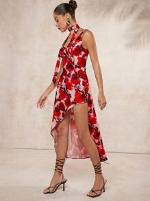L'Amorae Floral Asymmetric Draped Neck Dress - Multicolor - View 5