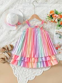 SHEIN 年輕女孩時尚彩虹肩帶荷葉邊裙子夏季連帽裝 - 彩色 - 查看 2
