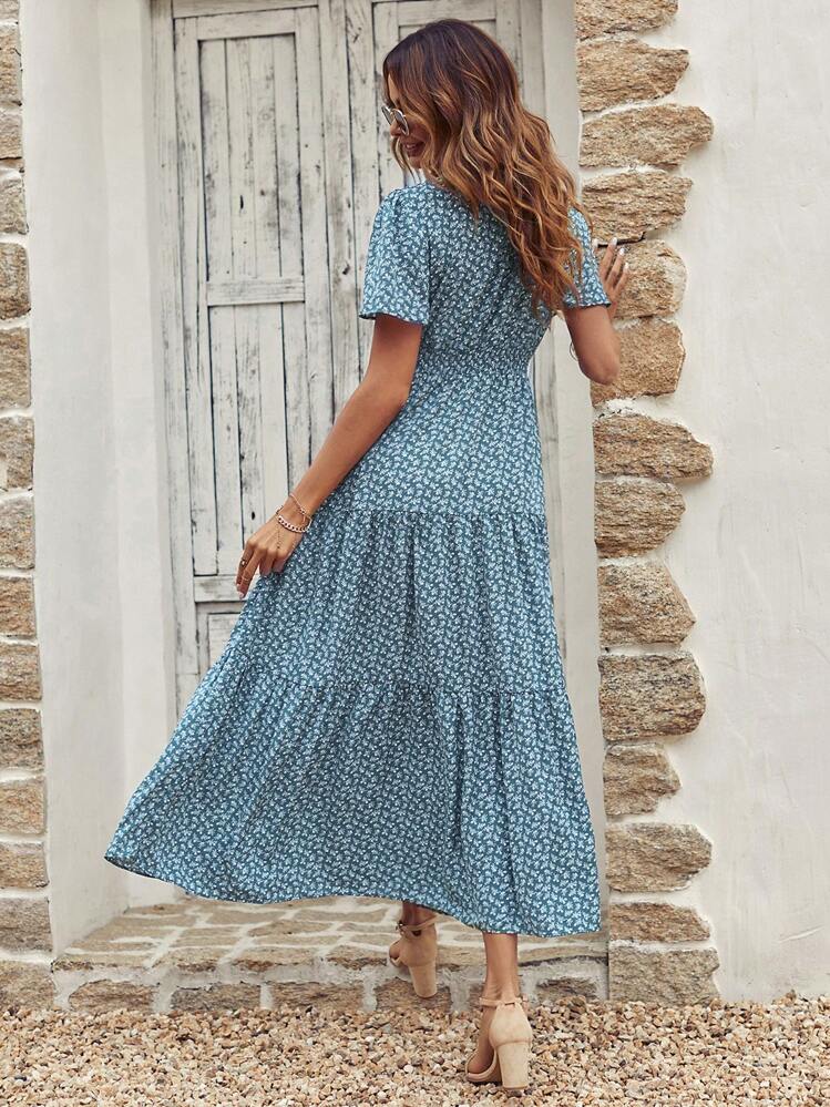 SHEIN Clasi Holiday Ditsy Floral Print Long Dress With Cinching Waist Maxi Women Outfit - Blue - View 2