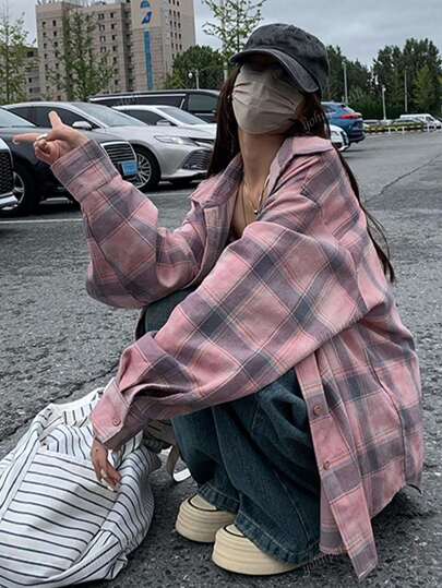 女性用 グレー&ピンクチェック柄 カジュアル ゆったり ブラウス、長袖襟付きシャツ、長袖トップス