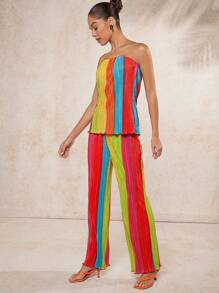 Hauture Conjunto de dos piezas de top tubo y pantalones plisados en diseño arcoíris