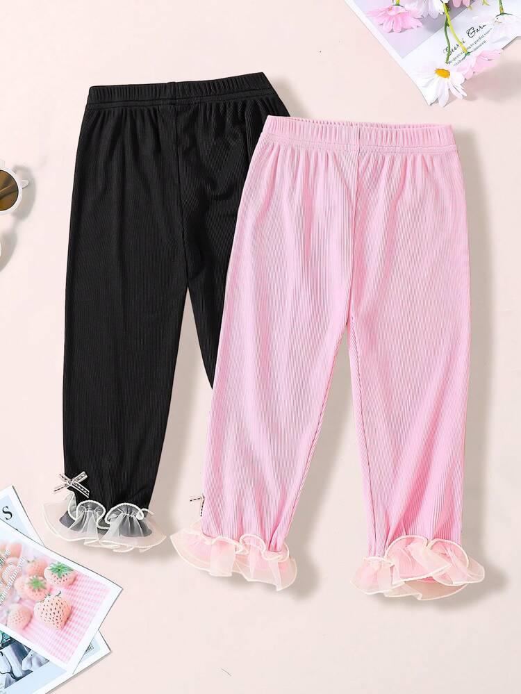 Young Girl's Sweet & Lovely Bow Knot 3/4 Leggings, 2pcs/Set In Pink And Black For Summer