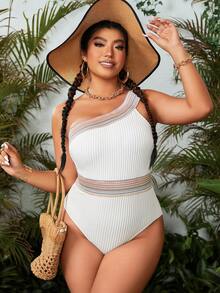 SHEIN Swim Curve Kích thước lớn Của phụ nữ Đúng mốt Không đối xứng Vai Thiết kế Ngày lễ Phong cách Áo tắm một mảnh - trắng - Xem 3