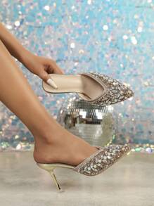 Fall/Winter Women's Pointed Toe High Heel Slip On Sandals With Rhinestone, New Design Party & Casual Wear,Elegant,Mule - Champagne - View 5