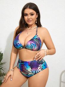 Swim Lushoire 夏季沙灘加大碼時尚印花胸罩，比基尼下擺，休閒罩衫，比基尼套裝 - 彩色 - 查看 3