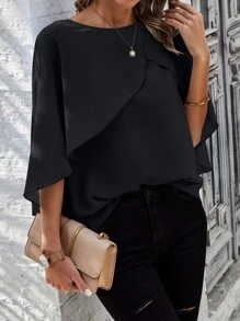 SHEIN Clasi 女士圓領純色荷葉邊時尚春夏襯衫 - 黑色 - 查看 5