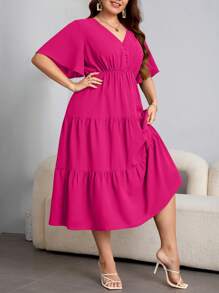 SHEIN Clasi Plus Size Summer Holiday Solid Color Cinching Waist Dress - Hot Pink - View 4