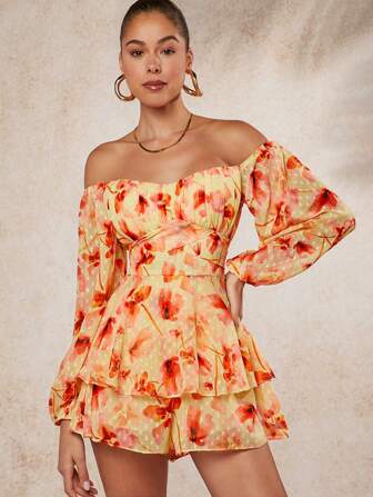 L'Amorae Floral Off Shoulder Ruffle Romper