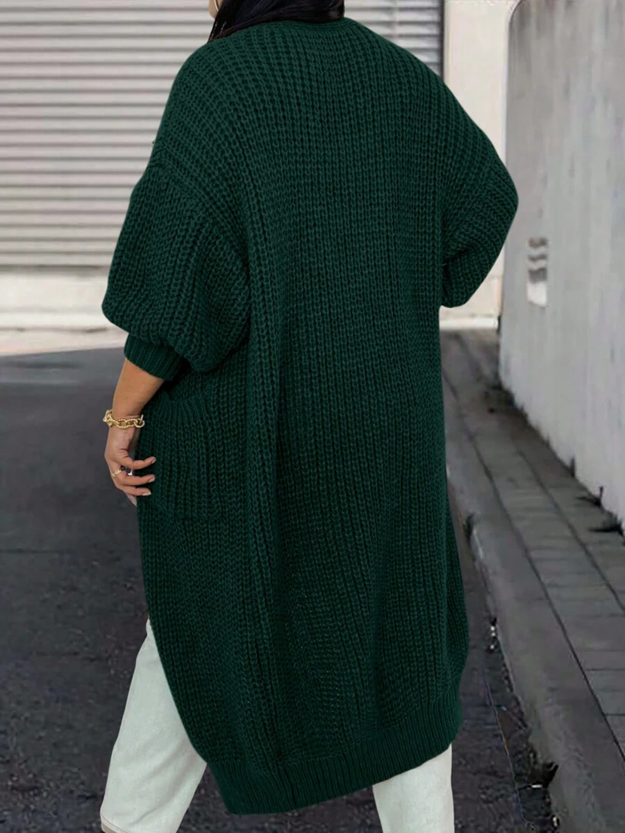 SHEIN LUNE Plus Size Batwing Sleeve Long Cardigan, Winter - Dark Green - View 1