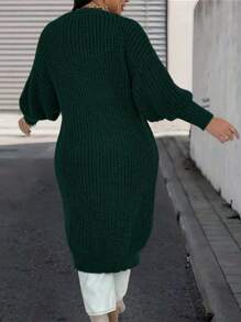 SHEIN LUNE Plus Size Batwing Sleeve Long Cardigan, Winter - Dark Green - View 2