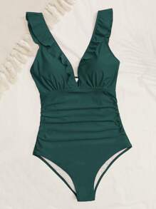 SHEIN Swim Summer Beachwear Deep V-Neck One Piece Swimsuit With Ruffle Trim - Dark Green - View 1