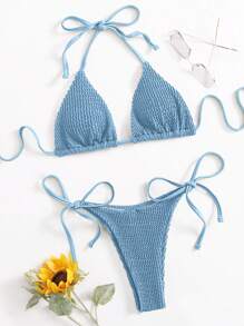 SHEIN Swim Holiday Solid Color Texture Two-Piece Bikini Set, Summer Beach - Dusty Blue - View 3
