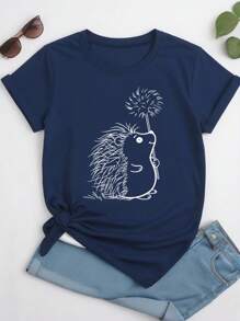 Plus Size Hedgehog Printed Round Neck Short Sleeve T-Shirt, Suitable For Summer Casual Graphic Tees Women Tops - Navy Blue - View 1