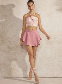 L'Amorae Elegant Overlay Ruffle Hem Solid Skort