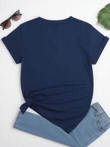 Plus Size Hedgehog Printed Round Neck Short Sleeve T-Shirt, Suitable For Summer Casual Graphic Tees Women Tops - Navy Blue - View 2