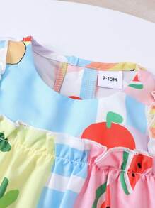 2 Pièces Tenue À Manches À Bulles À Imprimé Fruit Patchwork Adorable Pour Bébé Fille. Convient Pour Un Usage Quotidien En Été. - Multicolore - Voir 3