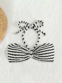 Swim Mod Women Summer Beach Fashionable Textured Striped Halter Neck Bikini Top - Black and White - View 1