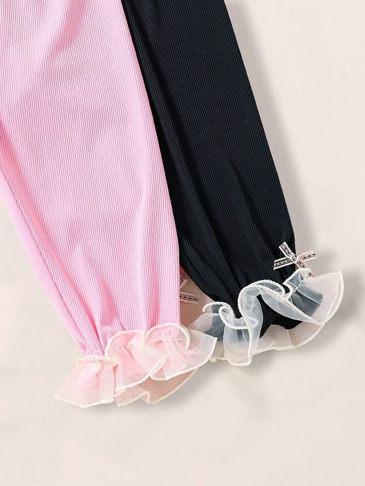 Young Girl's Sweet & Lovely Bow Knot 3/4 Leggings, 2pcs/Set In Pink And Black For Summer