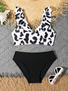 Bikini de leopardo con ribete de volantes y detalles, separado, para niña preadolescente - Negro - Ver 1