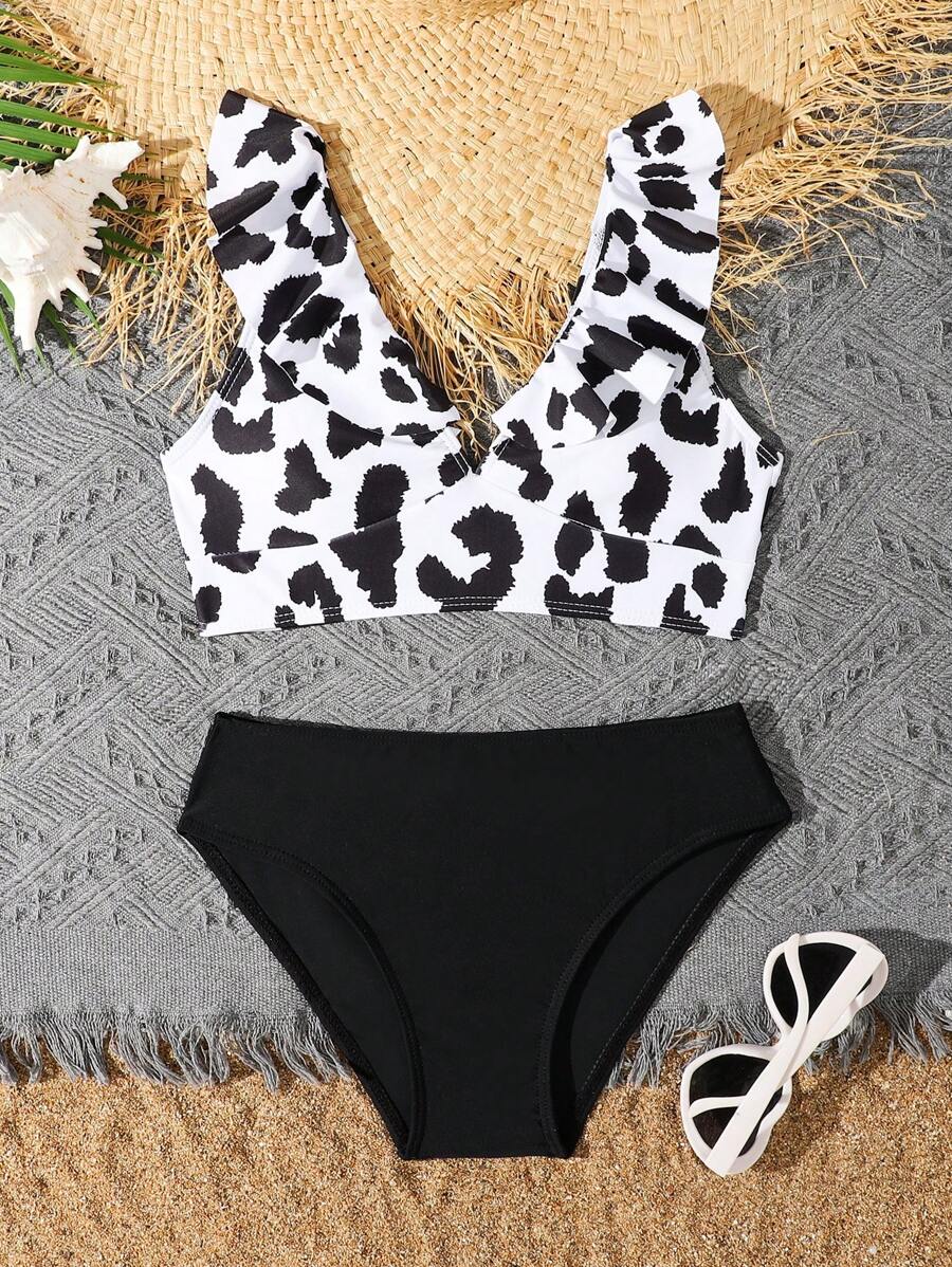 Bikini de leopardo con ribete de volantes y detalles, separado, para niña preadolescente - Negro - Ver 1