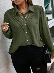 Celure Plus Size Women's Loose Fit Lace Mesh Contrast Summer Shirt - Army Green - View 3