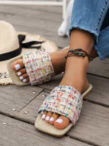 WRCVS Sandalias planas de verano para mujer, estilo nacional con bordado, tela de cuadros de colores, pantuflas con diseño al azar, calzado casual, San Valentín