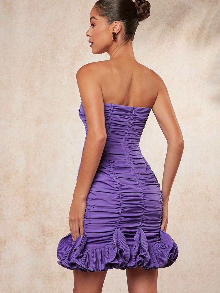 Solid Ruched Pleated Ruffle Hem Elegant Dress