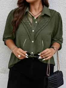 Celure Plus Size Women's Loose Fit Lace Mesh Contrast Summer Shirt - Army Green - View 1