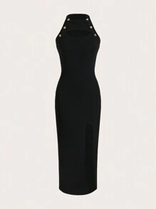 EMERY ROSE Vestido largo y entallado con abertura, estilo casual maximalista para mujer, sin mangas, con cuello redondo, corte y botones, de color negro y ajustado - Negro - Ver 3