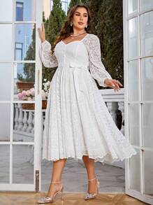 Simplee Plus Size Women Elegant Vintage Lace A-Line Dress, Long Sleeve Waist Cinched, Suitable For Wedding, Party, Birthday