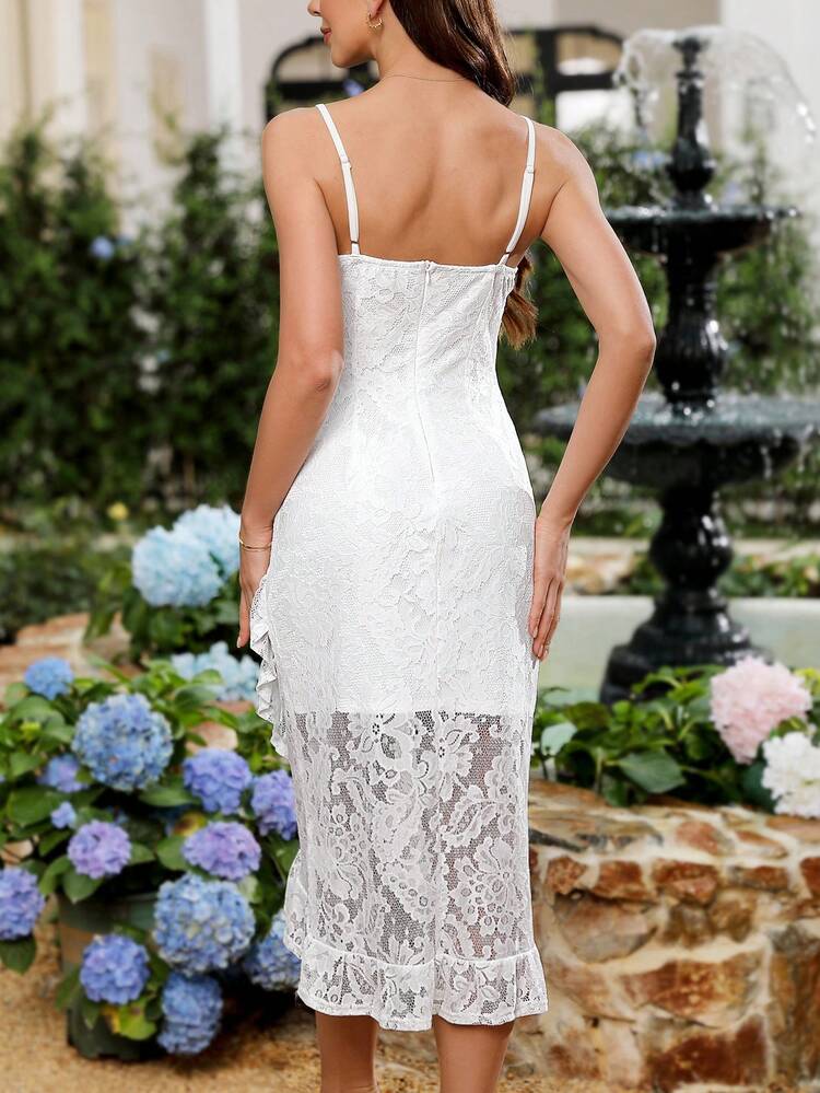 Summer Solid Color Lace Spaghetti Strap Midi Dress With Ruffled Hemline Wedding Women Dresses