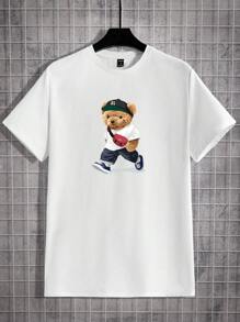 Manfinity Hypemode Men's Summer Casual Bear Printed Short Sleeve T-Shirt And Shorts 2pcs/Set