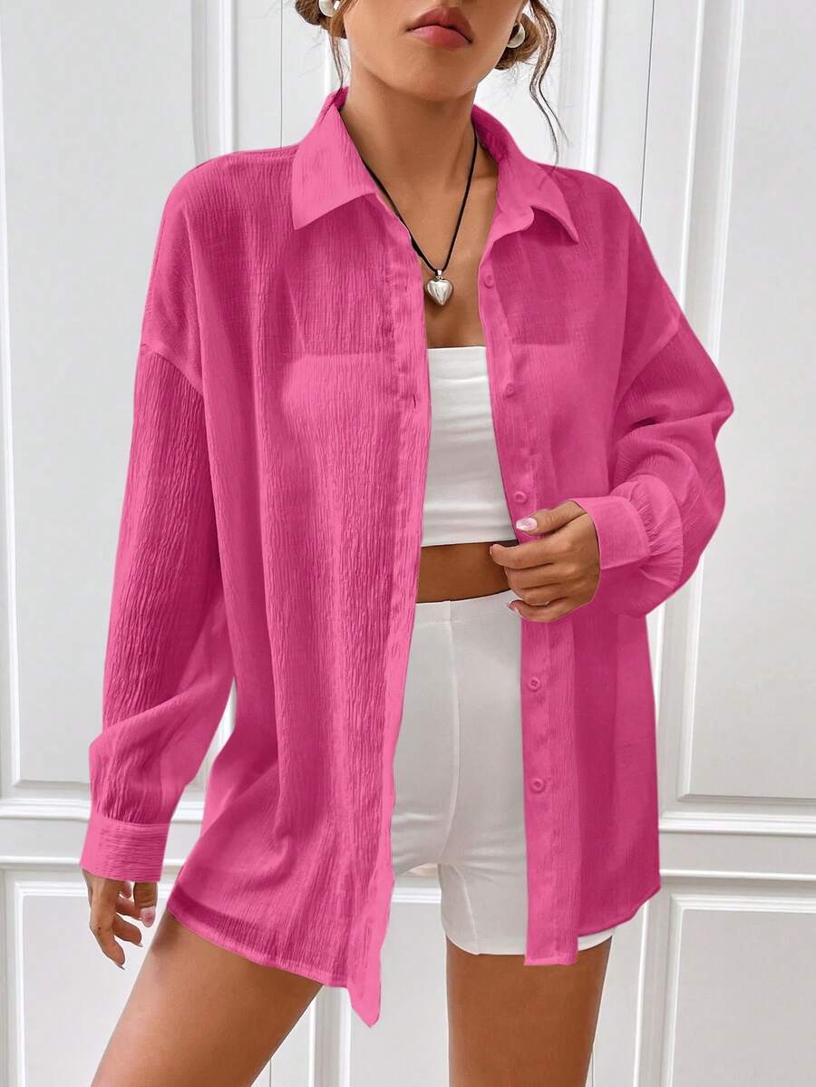 SHEIN EZwear 女性時尚夏季純色寬鬆微透視襯衫 - 玫紅色 - 查看 1