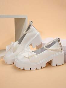 Women's Wedge High Heels Round Toe Mary Jane Shoes With Faux Pearl Chain Decoration