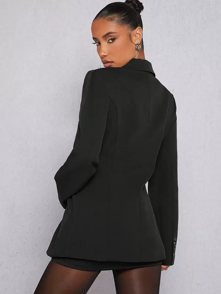 Hauture Padded Shoulder Pleated Flare Hem Oversized Blazer - Black - View 2