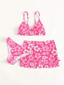 SHEIN Tween Girl Floral Print Bikini Set & Ruched Beach Skirt Summer Beach - Pink - View 5