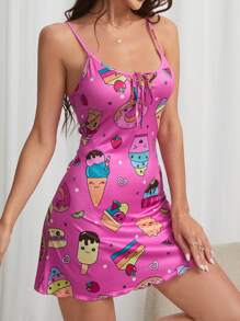 Ladies' Cartoon Ice Cream Print Spaghetti Strap Sleep Dress Pajama Dress