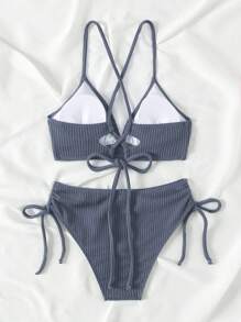 SHEIN Swim 女士純色簡約胸衣上衣和束繩泳裝下著分體比基尼套裝 - 淺灰色 - 查看 8