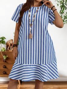 EMERY ROSE 大尺碼夏季短袖條紋連衣裙 - 藍白色 - 查看 6