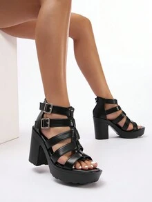 女士高跟鞋。2024 年夏季黑色高跟凉鞋。方头高跟鞋。美国时尚优雅的罗马中跟凉鞋。粗跟女士凉鞋 - 黑色 - 查看 1