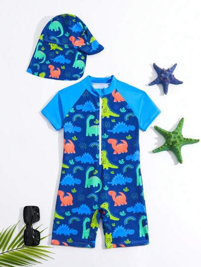 Young Boy Dinosaur Cartoon Printed Zipper Front Rash Guard Swimsuit With Hood Summer Holiday