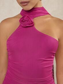 L'Amorae 3D Rose Asymmetric Draped Neck Dress