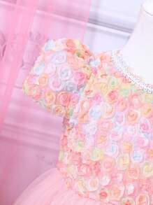 Baby Girl Cute Party Dress With 3d Flower Bubble Sleeves And Mesh Hemline - Pink - View 4