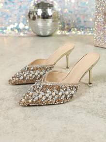 Fall/Winter Women's Pointed Toe High Heel Slip On Sandals With Rhinestone, New Design Party & Casual Wear,Elegant,Mule - Champagne - View 7