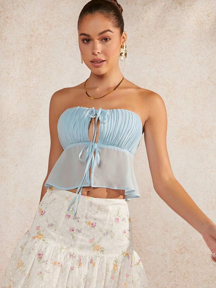 Pleated Bust Tie Strapless Crop Top