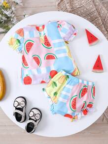 2 Pièces Tenue À Manches À Bulles À Imprimé Fruit Patchwork Adorable Pour Bébé Fille. Convient Pour Un Usage Quotidien En Été. - Multicolore - Voir 2