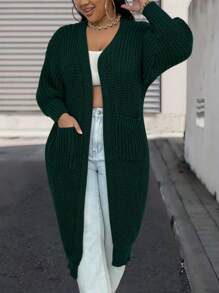 SHEIN LUNE Plus Size Batwing Sleeve Long Cardigan, Winter - Dark Green - View 4