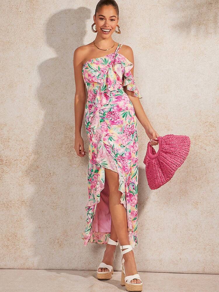 Floral One Shoulder Ruffle Dress